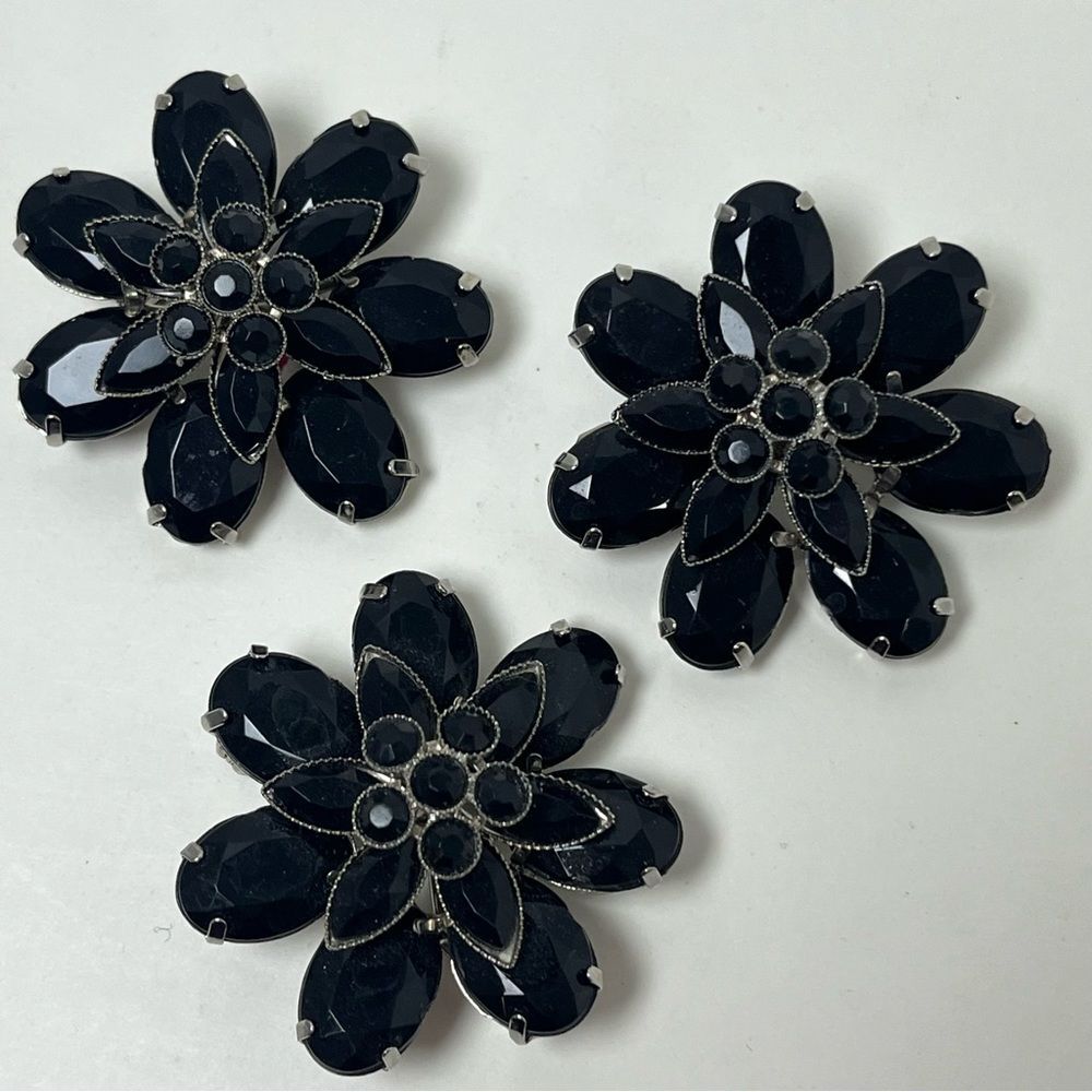 VTG French Jet Black Flower Brooch Set of 3 Silver tone Mourning Faceted